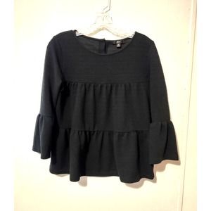J Crew Womens Pullover Top Black Button back tiered bell sleeve top Oufit XS NEW